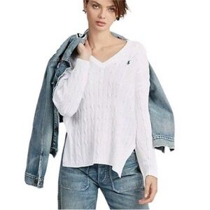 Ralph Lauren 100% PIMA COTTON White Sweater Soft Cable Knit V-Neck Slits MEDIUM